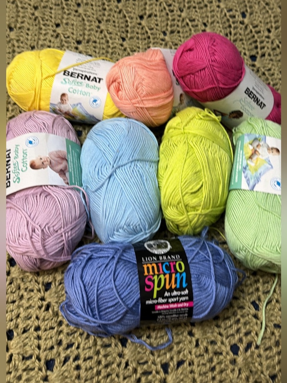 Bernat & Lion Brand Baby Yarn Lot in Pink, Yellow, Peach, Blue, Green